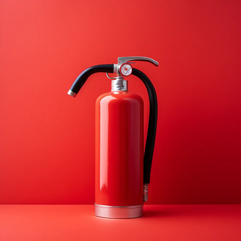 A close-up of a fire extinguisher with a bright red background, photo