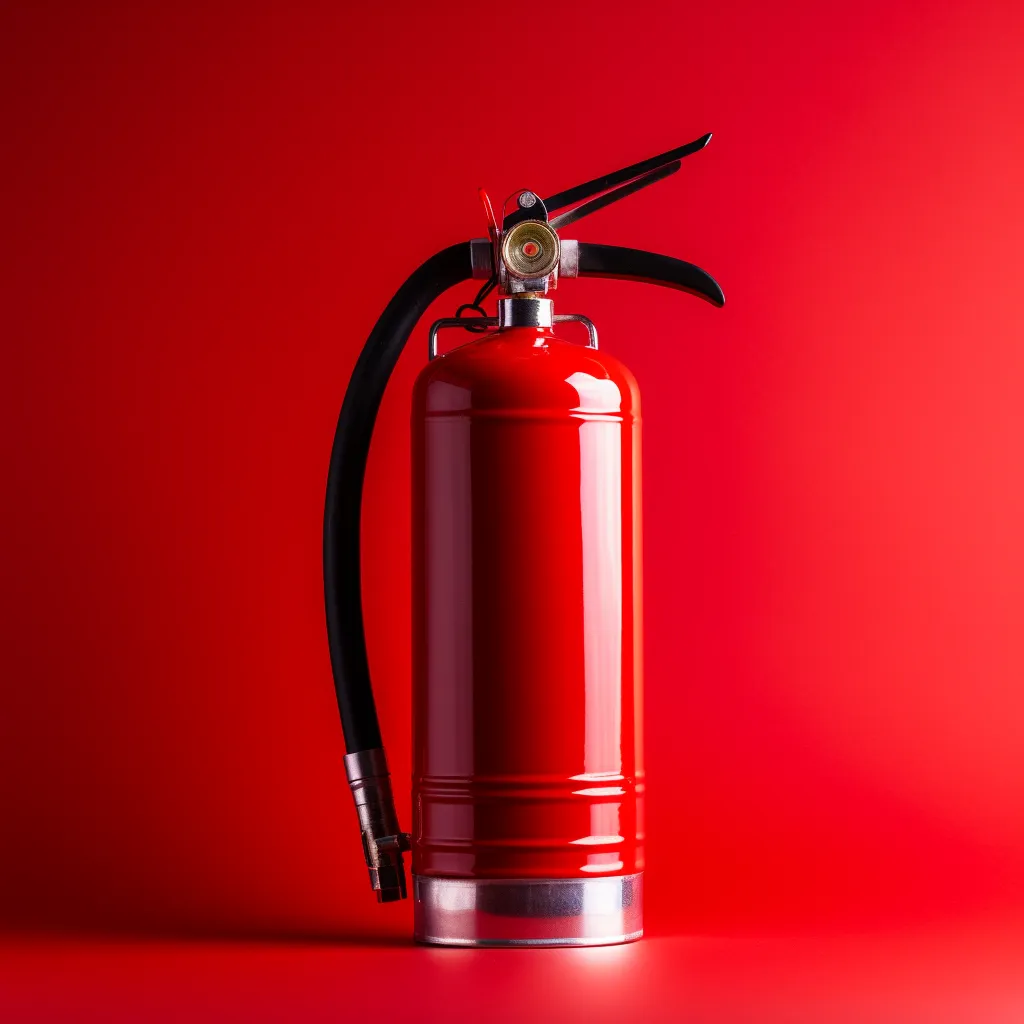 A close-up of a fire extinguisher with a bright red background, photo