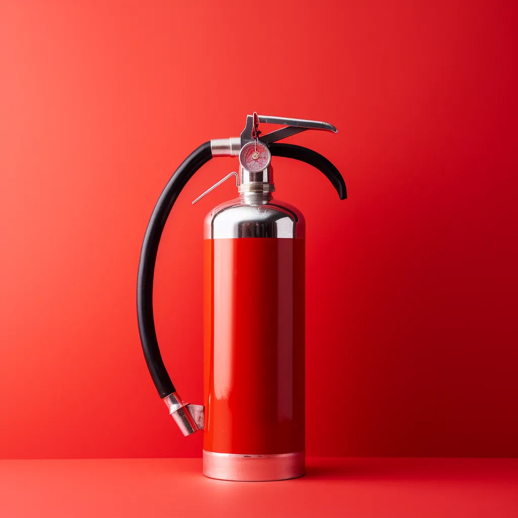 A close-up of a fire extinguisher with a bright red background, photo