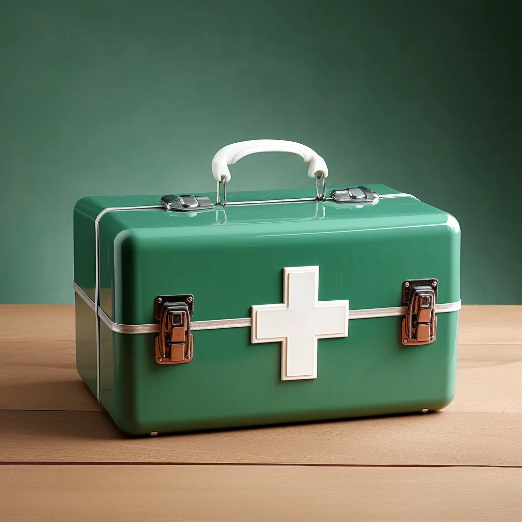 A first aid kit with a green cross symbol on it, photo