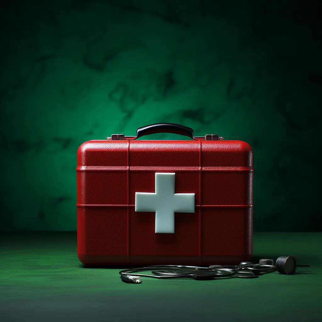 A first aid kit with a green cross symbol on it, photo