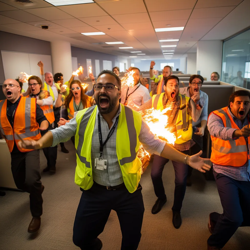 A group of people in safety vests conducting a fire drill in an office building, photo