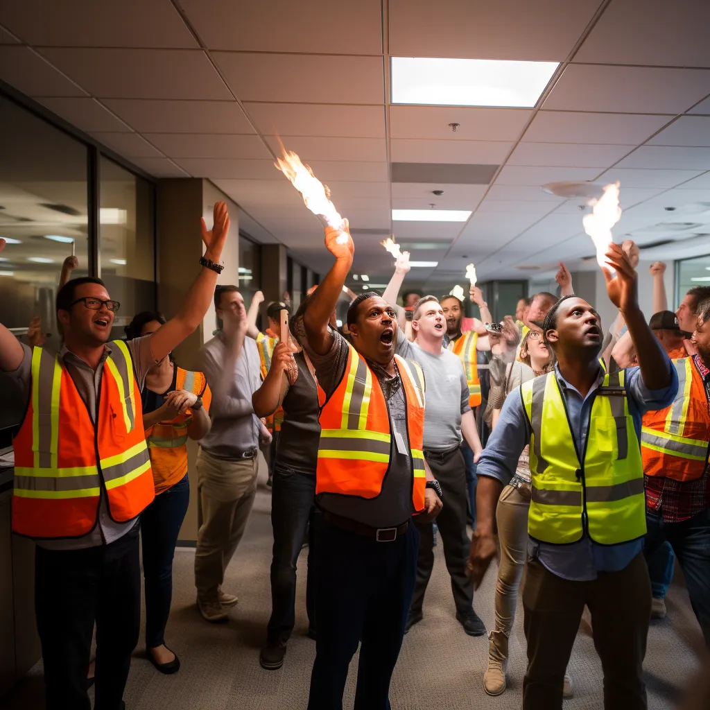 A group of people in safety vests conducting a fire drill in an office building, photo