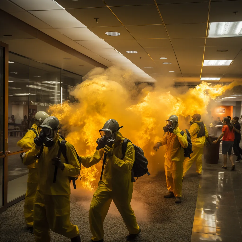 A group of people in safety vests conducting a fire drill in an office building, photo