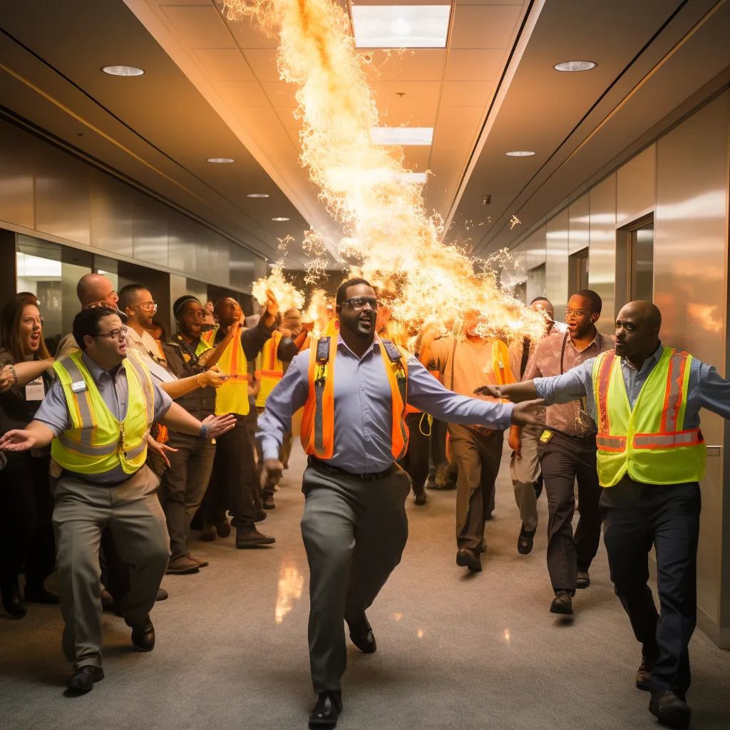 A group of people in safety vests conducting a fire drill in an office building, photo