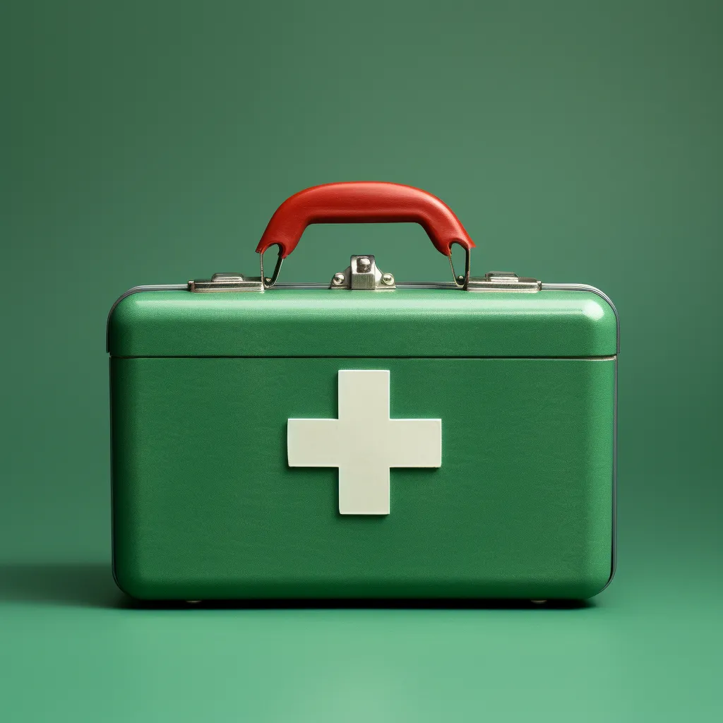 A first aid kit with a green cross symbol on it, photo