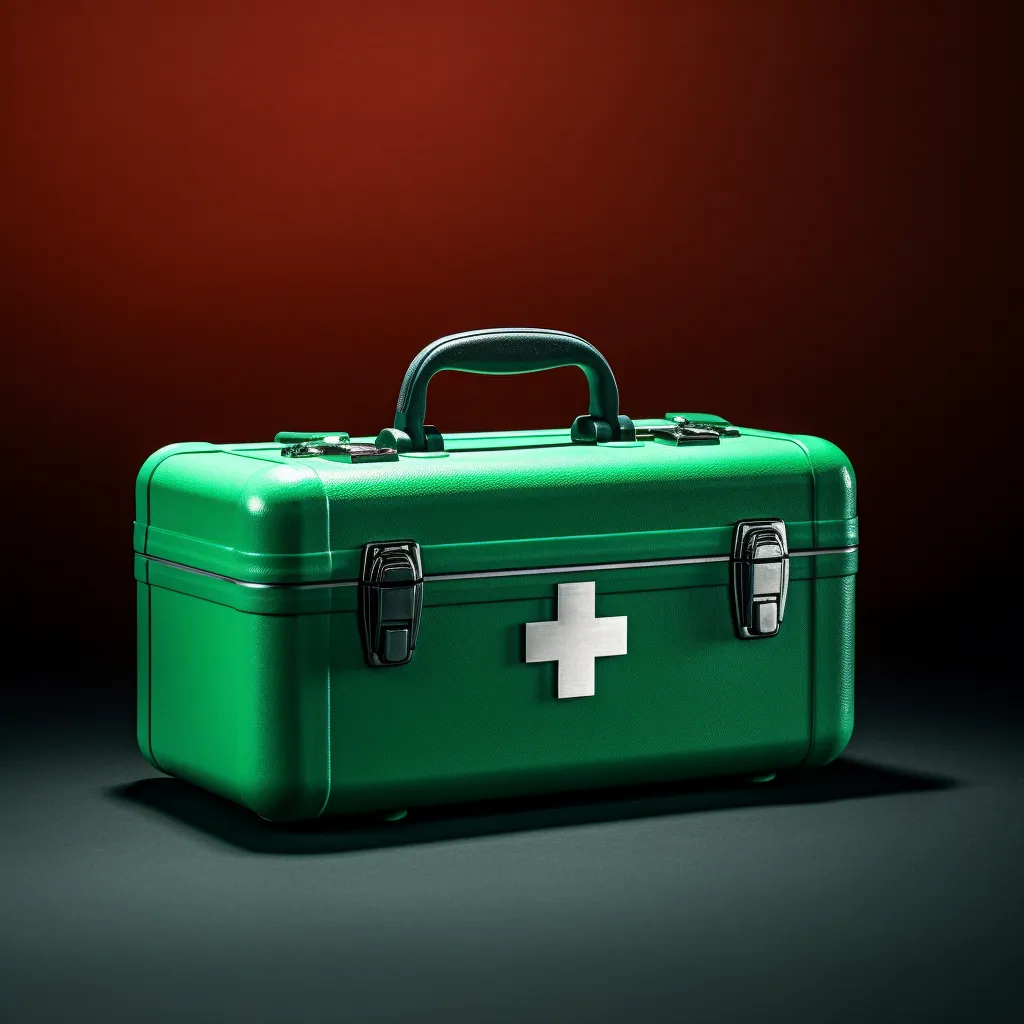 A first aid kit with a green cross symbol on it, photo