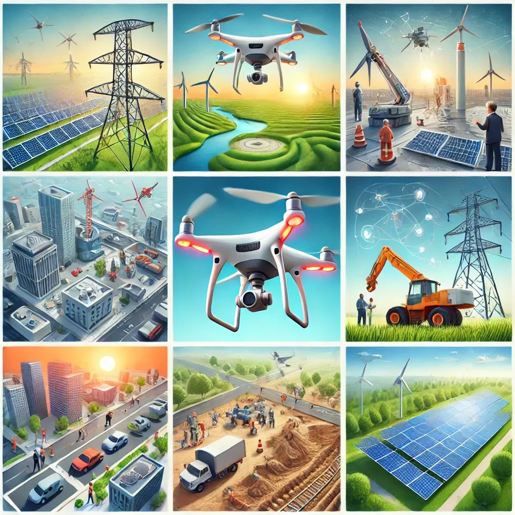 DALL·E 2024-11-08 12.24.26 - A square image representing various drone services. The scene shows a drone in action, hovering above diverse environments_ a wind turbine and power l.webp